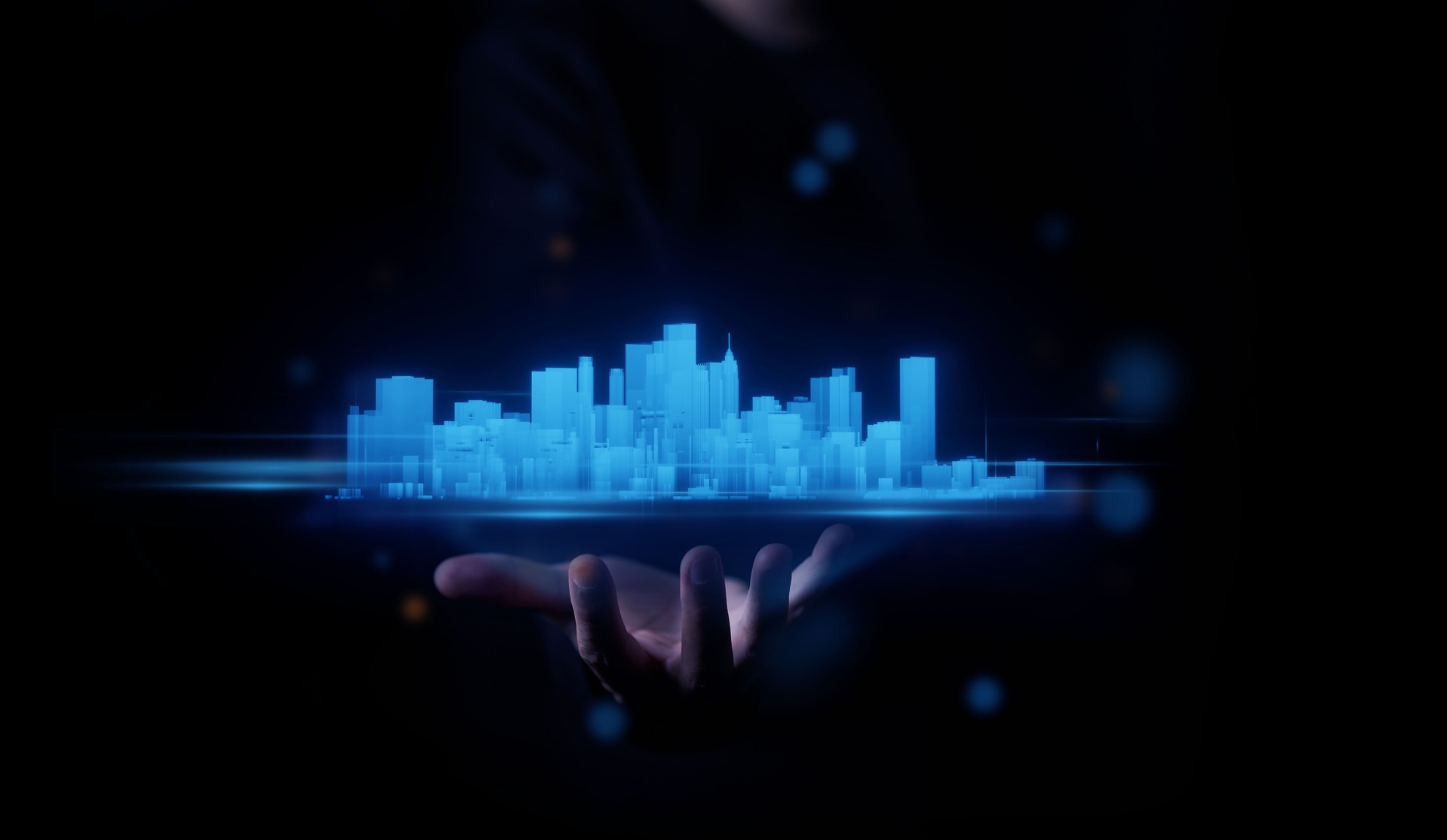 concept of metaverse technology man hand holding hologram cyber digital data city landscape real estate building background. meta city landscape cyberspace. metaverse concept